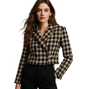 House of Harlow 1960 Cropped Tweed Jacket – Black & Cream – Size S